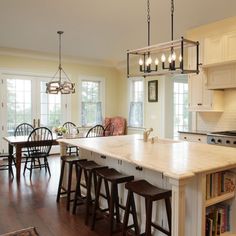 a large kitchen island with stools next to it