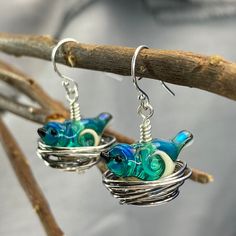 Whimsical Handmade Glass Jewelry, Whimsical Czech Glass Jewelry Set With Earrings, Whimsical Sterling Silver Jewelry With Matching Earrings, Nickel Free Sterling Silver Jewelry In Bird Shape, Unique Glass Jewelry With Matching Earrings, Whimsical Czech Glass Jewelry With Ear Wire, Handmade Sterling Silver Bird-shaped Jewelry, Unique Glass Jewelry For Crafting, Whimsical Czech Glass Silver Jewelry