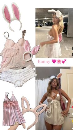 the bunny costume is pink and white, but it's too cute for her to wear