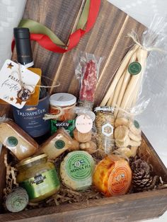 a wooden box filled with different types of food