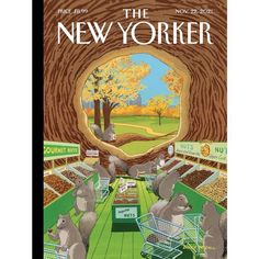 an advertisement for the new yorker magazine with squirrels in shopping carts and other animals