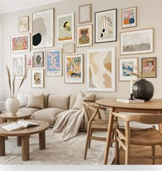 a living room filled with furniture and lots of pictures on the wall above it's coffee table