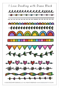 a set of different colored doodles with hearts, arrows and lines on white paper