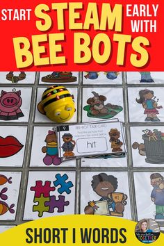 the book cover for start steam early with bee bots, featuring pictures of animals and letters