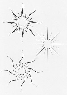 three sun drawings are shown in black and white