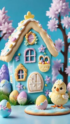 there is a blue house decorated with flowers and eggs