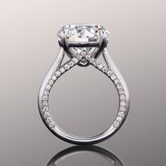 an engagement ring with a large diamond in the center and two rows of diamonds on each side