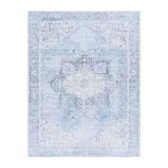 a light blue rug with an ornate design on the top and bottom, in front of a white background