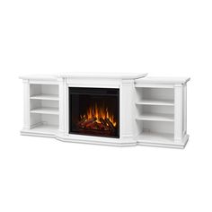 a white entertainment center with a fire place and shelves on both sides, including an electric fireplace