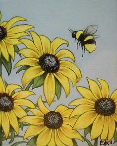 a painting of sunflowers and a bee