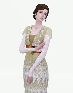 a woman in a green dress holding a plate with food on it's arm