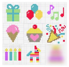 cross stitch patterns with different shapes and colors on them, including an ice cream cone