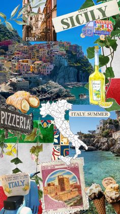 the collage shows different things in italy