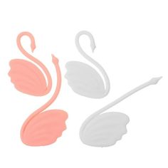 two pink and white flamingos are next to each other on a white background,