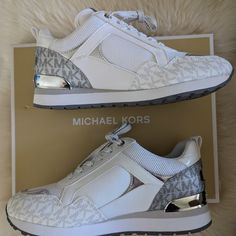 New In Box. Mk Optic White $225 Retail Casual Sneakers. White Lace-up Sneakers With Metallic Logo, Designer White Synthetic Sneakers, Michael Kors White Synthetic Sneakers, Michael Kors Shoes, Shoes Shoes, Casual Sneakers, Womens Shoes Sneakers, Shoes Sneakers, Color White