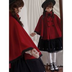 A cape coat and ribbon hood that will make you look like an innocent and cute young lady. An elegant item that will update your daily life in one tone. When combined with the hood, the design looks like a large ribbon decorated on the chest. Try wearing it with elegant volume. 
 
 
 
 Item 
 
 Cape coat (pearl white) 
 Cape coat (dark red) 
 Ribbon hood (black) 
 
 
 Size 
 
 Cape coat 
 
 S size 
 
 Length: 64cm 
 Hem circumference: 386cm 
 
 M size 
 
 Length: 65.5cm 
 Hem circumference: 392cm 
 
 L size 
 
 Length: 67cm 
 Hem circumference: 398cm 
 
 
 Ribbon hood 
 
 M size 
 
 
 
 
 
 
 
 Material 
 
 Polyester 
 Wool 
 
 
 Model worn 
 
 Wearing size 
 
 S size 
 
 Model dimensions 
 
 Height: 162cm 
 Weight: 45kg 
 
 
 
 Others 
 
 Black rose brooch is not included. Hood Cape, White Cape, Rose Brooch, Capes For Women, Cape Coat, Red Ribbon, Black Rose, Dark Red, Pearl White