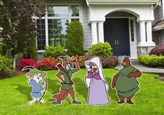 cartoon characters standing in front of a house