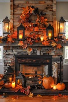 a fireplace decorated for fall with candles and pumpkins