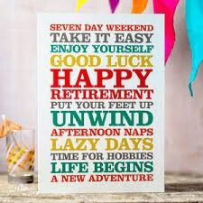 a card with the words happy retirement written in multicolored letters on it next to a glass of water