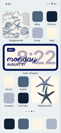 the color scheme for monday, august 21st is blue and white with an image of a starfish on it