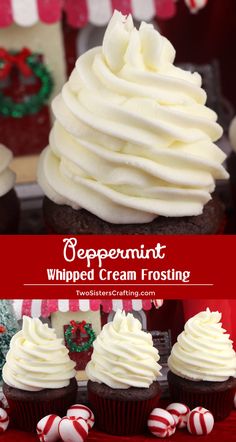 cupcakes with whipped cream frosting on top and candy canes in the background