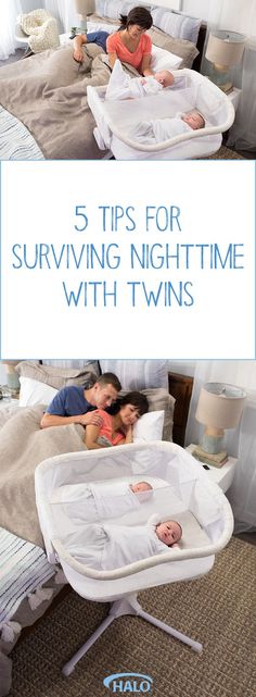 two children laying in bed with the text 5 tips for surviving night time with twins