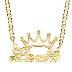 Whether you're a queen or a king. This personalized double plated name necklace is a fabulous addition to your collection. Just select your favorite chain type and metal option, enter your name, and you are one step closer to crown yourself or surprise that special someone. This double nameplate necklace features a 5 pointed silhouetted crown above the name. It's finished with beading on the name. Silver Figaro Chain, Monogrammed Cufflinks, Leather Kits, Swarovski Heart, Name Earrings, Crown Necklace, Gold Rope Chains, One Step Closer, Nameplate Necklace