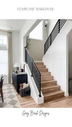 there is a black and white staircase in the house