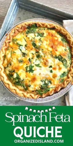 spinach and feta quiche with text overlay