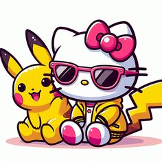 hello kitty and pikachu sitting next to each other with sunglasses on their faces