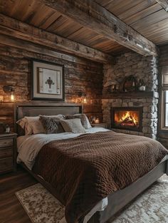 a bed in a bedroom next to a fire place