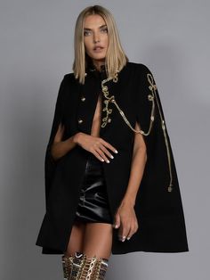 AUGUSTA Cape in Black – ZCRAVE Hamel Patel, Wardrobe Makeover, Black Cape, Embellished Jacket, Wool Blend Jacket, Denim Blazer, Halloween Looks, Make Up Artist, Tweed Blazer