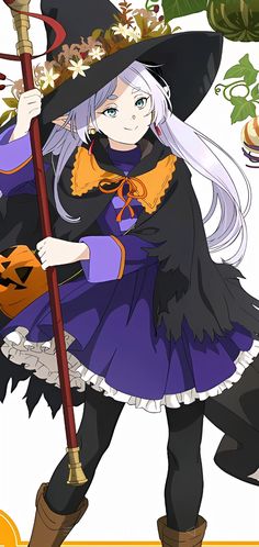 an anime character dressed as a witch holding a broom