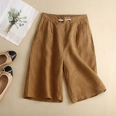 Season:Summer; Fabric:Linen; Gender:Women's; Style:Casual Daily; Elasticity:Inelastic; Occasion:Weekend; Fit Type:Regular Fit; Function:Breathability,Comfortable; Pattern:Plain; Design:Drawstring,Side Pockets; Pants Type:Shorts; Front page:FF; Listing Date:06/14/2024; Production mode:External procurement; Hips:; Length:; Waist:; Fit US Size:; Fit UK Size:; Fit EU Size:; Pants Length:Short; Print Type:non-printing Non-stretch Casual Beach Shorts, Casual Non-stretch Beach Shorts, Non-stretch Beach Shorts, Casual Non-stretch Vacation Shorts, Casual Non-stretch Shorts For Vacation, Casual Non-stretch Knee-length Shorts, Trendy Solid Color Summer Shorts, Summer Bottoms With Solid Color And Relaxed Fit, Summer Bottoms In Solid Color With Relaxed Fit