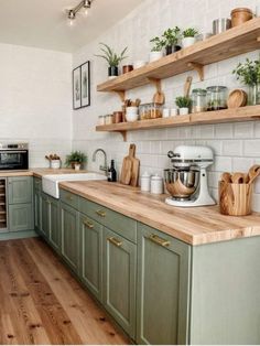 a kitchen with green cabinets and wooden counter tops in the center is filled with potted plants