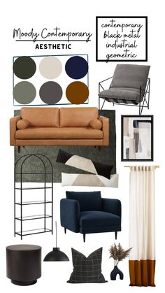 a living room with furniture and accessories in shades of blue, brown, grey, white