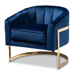 a blue chair sitting on top of a white floor next to a metal frame and gold legs