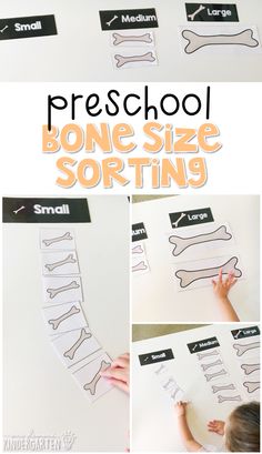 a collage of pictures showing how to cut out bones and name tags for a bone size sorting activity