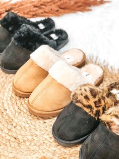 Black house slippers with leopard furry lining. Pictured on white background. Comfy Slippers, Giddy Up Glamour, Slide On, Black 7, Soft Black, Slide Slipper, Sale Items, Slides, Slippers