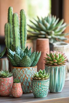 there are many different types of succulents in the pots on the table