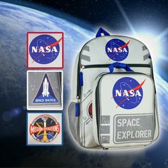 Houston we have No problem with this Nasa Backpack. This 5 Piece set has everything you need for your adventures at , travel or anything in between. The Backpack features a main zipper compartment and a smaller zipper pocket on the front with a side mesh pocket, A detachable lunchbox hangs off the front and is perfect to keep your lunch just how you like it. Included in the set is a small squishy NASA logo, gel bead ice pack, and a zipper pencil case. This is great for anyone who loves space adv Educational Style Backpack For Travel, Educational Backpack For Travel, Educational Rectangular Backpack For Travel, Nasa Backpack, Space Explorer, Zipper Pencil Case, Nasa Logo, Gel Beads, Nasa Space