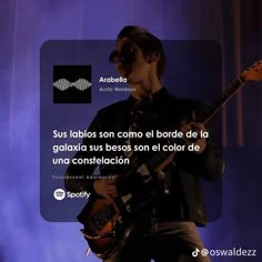 a man playing an electric guitar in front of a purple background with the words,'sus labordos son como el bard