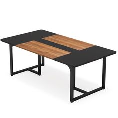 a wooden table with black metal legs and a wood top on an isolated white background