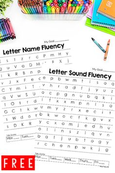 the letter sound fluen worksheet is shown with pencils and crayons