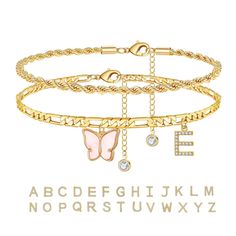 PRICES MAY VARY. 【2-Piece Anklet】Women's Anklets set contains 2 different styles ①twisted anklet, ②A-Z initial butterfly anklet,Letters can display your surname and first name which can be stacked or worn separately, Don't pick the occasion, match your own style. 【Hypoallergenic material】Initial Anklets for Women Made of 18K gold copper-plated material, Bright in color, long-lasting without fading or discoloration. 【Adjustable Size】Anklets for Women is 8 inches long+the extender is 3 inches, lob Layered Twists, Engagement Watch, Teen Girl Jewelry, Butterfly Anklet, Women Anklets, Gold Anklet, Gold Bracelet For Women, Initial Jewelry, Foot Jewelry