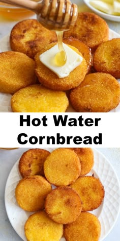 two plates with fried cornbreads and honey being drizzled on them