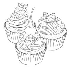 three cupcakes with strawberries and cherries on top are shown in this coloring page