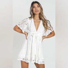 Never Worn- Do You Miss Me Dress In White Lace Aus Size: 10 (M) White V-neck Lace Dress For Date Night, Lace Mini Dress With Short Sleeves For Day Out, Short Sleeve Lace Mini Dress For Day Out, Casual White Lace Dress With Short Sleeves, White Casual Lace Dress With Short Sleeves, White Short Sleeve Lace Dress For Beach, Chic White Lace Dress For Vacation, White Lace Mini Dress For Day Out, Casual White Mini Lace Dress