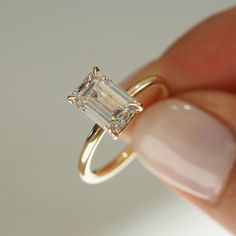 2ct Lab Grown Diamond Emerald Cut Solitaire Ring, Emerald Cut Solitaire, Ring Cuts, Emerald Cut Moissanite, Moissanite Jewelry, Yellow Gold Engagement Rings, Diamond Settings, Engagement Ring Cuts