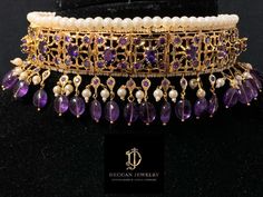 Ready to ship choker with earrings Made using high quality Cz stones with natural amethyst ovals 22ct gold plated Delivered in 3-5 days within USA Elegant Purple Kundan Necklace For Festive Occasions, Elegant Purple Kundan Necklace As Gift, Elegant Purple Gold-plated Jewelry, Elegant Purple Kundan Necklace For Wedding, Elegant Gold Gemstone Choker, Elegant Purple Wedding Choker, Elegant Gold Choker With Stone Work, Elegant Purple Jewelry For Festivals, Elegant Purple Jewelry For Festive Occasions